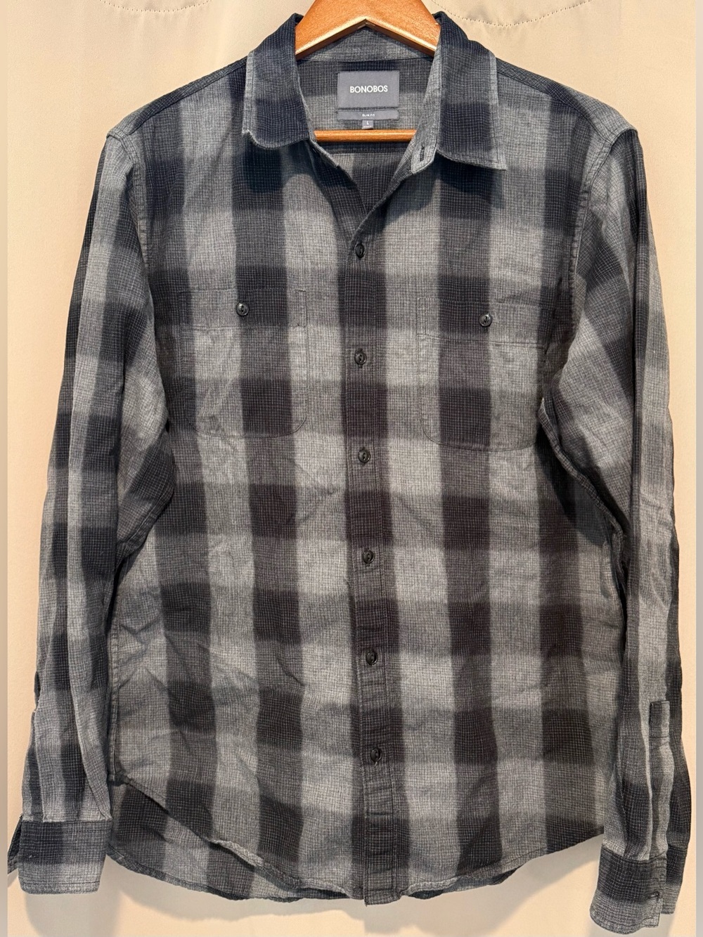 Bonobos Slim Fit Buffalo Plaid Button Down Shirt Gray Black Cotton Large